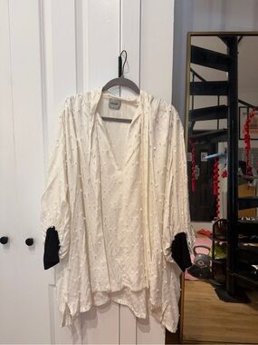 Rachel Comey Cream Floral-Embroidered Draped Robe with Black Cuff Detail